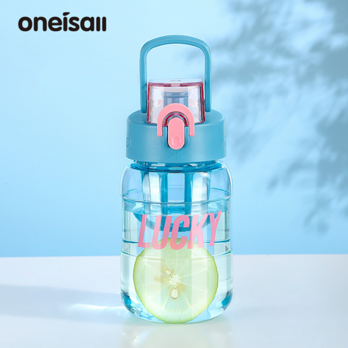 ONEISALL 휴대용 빨대컵 다용도 물컵 플라스틱컵 투명 찻잔 1 개, 라이트블루 460ml