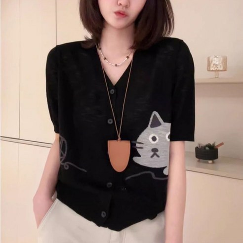지고다그 여성용 고양이 자수 반팔 카디건 브이넥 버튼탑