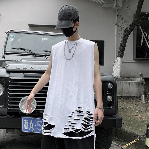DFMEI 여름 홍콩 바람이 민소매 깨진 된 동굴 티셔츠 남성의 한국어 버전의 느슨한 커플