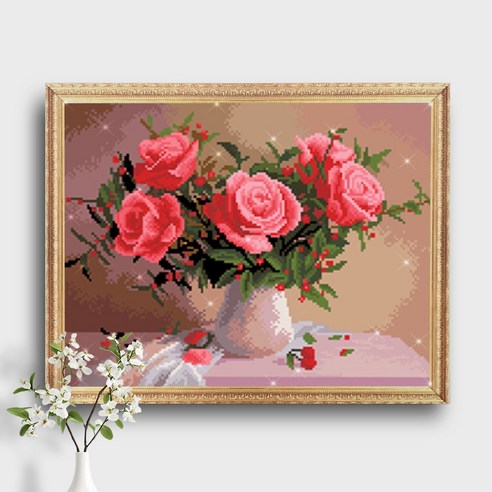 오늘의오브제 DIY 보석십자수 캔버스형 50x40cm, 1개, B1_22_화병 속 장미