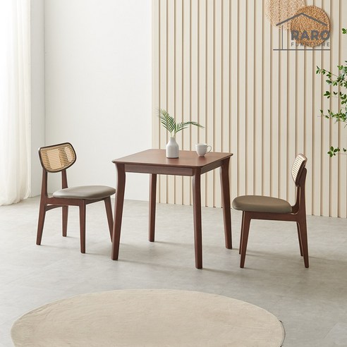 라로퍼니처 발리 800 고무나무 원목 2인 라탄 식탁 세트, 식탁+의자2