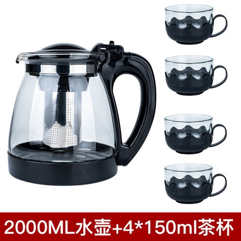 DFMEI 1000/2000ML 주전자 내열 방폭 유리 주전자 꽃 주전자 세트 대용량 차 주전자, DFMEI 2000ML 찻주전자 + 로터스 컵 4개, 원추형 망치 주전자 2000ML