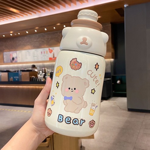 보온컵 여자 고안가 주전자 휴대용 야외 선녀 컵 배 빨대 물컵, 카색+스티커, 1130ml