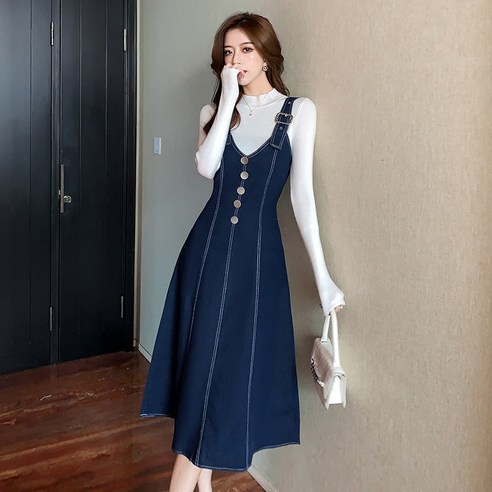 리얼 샷 가을 겨울 새로운 한국어 스타일 유행 젊은 데님 서스펜더 드레스 우아한 슬리밍 서스펜더 드레스