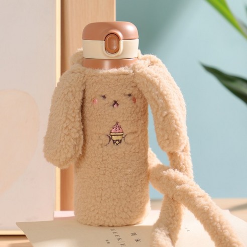 [LM] 거품 우유 차 보온병 병 곰 오리 플러시 커버 스트랩 절연 스테인레스 스틸 여행 물 진공 컵 선물, {"크기":"420ml"}, Coffee A