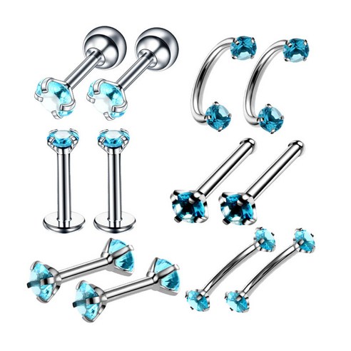 12 팩 20g 스테인레스 스틸 립 labret 반지 코 스터드 큐빅 지르코니아 눈썹 반지 귀걸이 바디 쥬얼리 피어싱 키트
