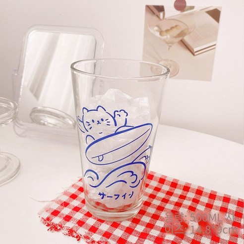 다나에 가정용 우유 아침 컵 유리 투명 밀짚 컵, 물 스키 고양이, 501-600ml