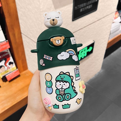 [LM] 500ml 곰 스티커 보온병 스테인레스 스틸 절연 뜨거운 음료 컵 밀짚 선물, {"크기":"500ml"}, Green C