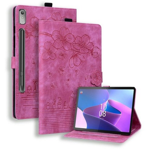 DWaybox Tablet Case for Lenovo Tab P12 TB370FU 12.7 inch 2023 Shockproof Embossed Folding Stand Pro, Hot Pink