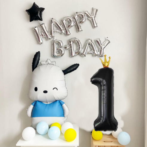 대형 포차코 풍선 생일파티 풍선세트 산리오, 검정왕관숫자 1