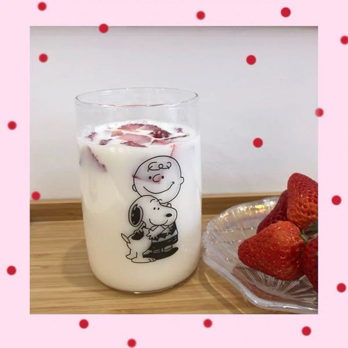 【커피잔】딸기 유리 우유 컵 밀짚 컵 인쇄 유리 높은 붕 규산염 내열성 물 컵, 찰리포옹스누피컵(밀짚)