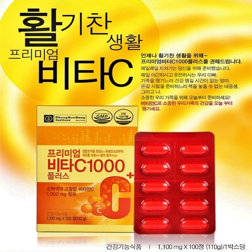 종근당 건강 비타민C 1000 고용량 고함량 메가도스 아스코르빈산 항산화 비타씨 아연 보충제 영양제 알약 케이스 포함, 100정, 2개