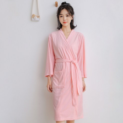 DFMEI 타월 소재 커플 여름 잠옷 7부소매 목욕가운 중간 길이 목욕 스커트 봄과 가을 유카타, DFMEI 핑크 여성, L(120-180 캐티)