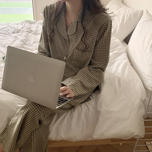 한국 복고 체크 무늬 터틀넥 긴팔 홈웨어 잠옷 세트