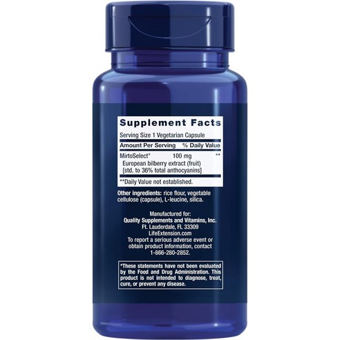 라이프익스텐션 스탠더다이즈드 유러피안 빌베리 추출물 100mg 베지테리안 캡슐, 90정, 1개