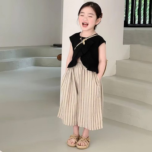 꼬꼬몽 페이브 상하복 여아용 여름 유아 바지 세트
