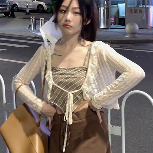 DFMEI 여성 레이스 들어 갔어 의류 여름 긴 소매 겉옷 짧은 목도리 한국어 얇은 코트 유행 자외선 차단제, DFMEI 살구