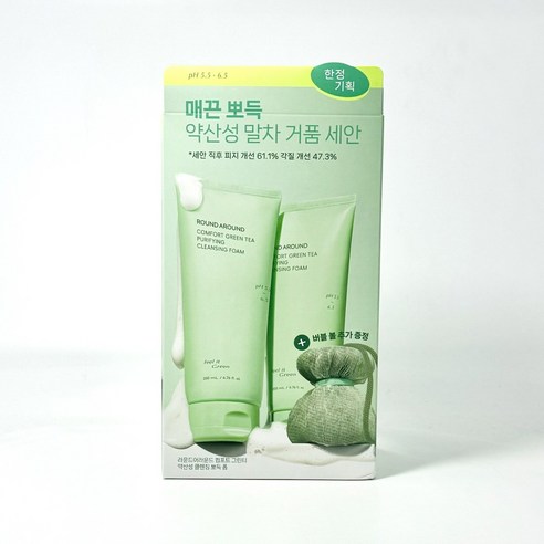 라운드어라운드 컴포트 그린티 약산성 클렌징 뽀득 폼 200ml+200ml 버블볼증정 약산성뽀득폼 말차폼 말파세안제 풍성한거품, 1+1, 1개, 200ml