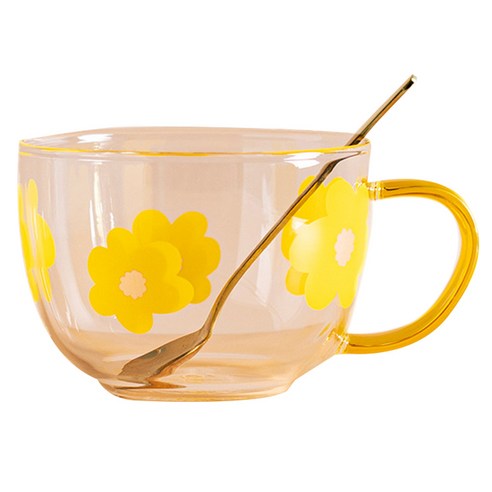 Deoxygene 꽃 패턴이 있는 500ML 유리 우유 머그잔 스푼이 아침 식사 귀리 가정용 주방용 손잡이 컵 노란색