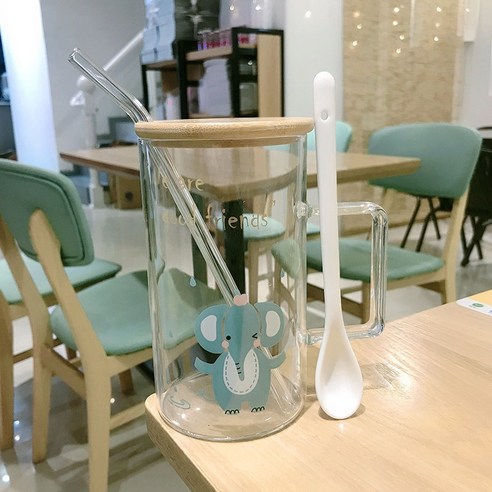 DFMEI 캐릭터 대용량 유리잔 뚜껑 스푼 남녀 아침 우유 시리얼 오피스 홈컵, DFMEI 아기 코끼리 "대나무 덮개+국자+빨대"