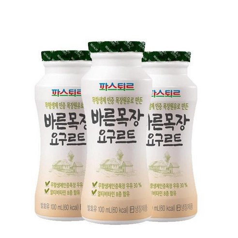 파스퇴르 바른목장 요구르트 100ml 15 유산균 요거트 발효유 무항생제 인증, 100ml, 30개
