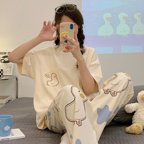 ANYOU 여성 잠옷 반팔홈웨어 귀여운 동물 파자마