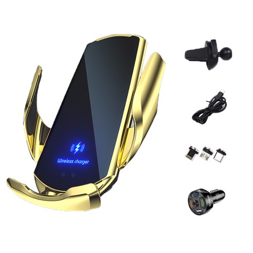 MountainWter 차량용 고속 무선충전 거치대 15W + QC3.0 고속충전시거잭, 금빛