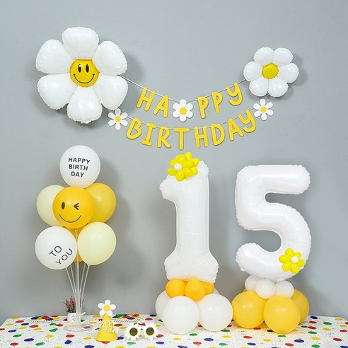 [피앤비유니티]데이지 두자리숫자기둥 가랜드 생일 풍선세트(모자 안경포함), 화이트 숫자대15