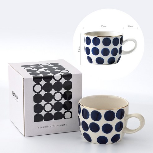 DFMEI.커피 잔.Mug cup핸드페인팅 세라믹컵 프놈펜 머그컵 핸드페인팅 북유럽 아침식사 컵 레스토랑 기프트컵, 401-500ml., DFMEI.어두운 파란색 라운드 포인트 골드