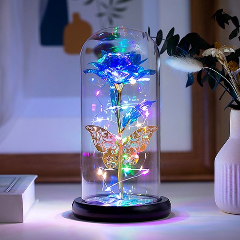 신비즈 LED 나비 앉은 반짝이는 장미 유리돔, 블루