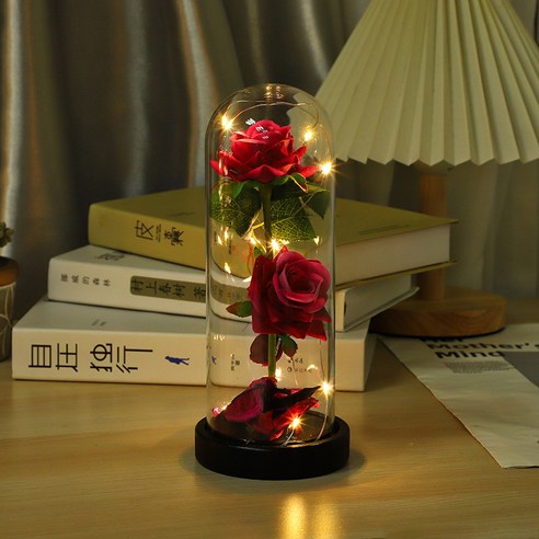 장미 유리돔 조화 미니 꽃 무드등 인테리어 LED 조명, 레드