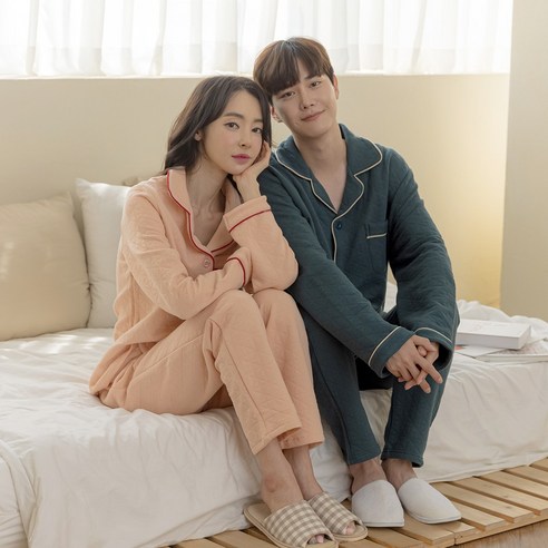 퀄팅 누빔 와플 커플 잠옷 상하의 세트