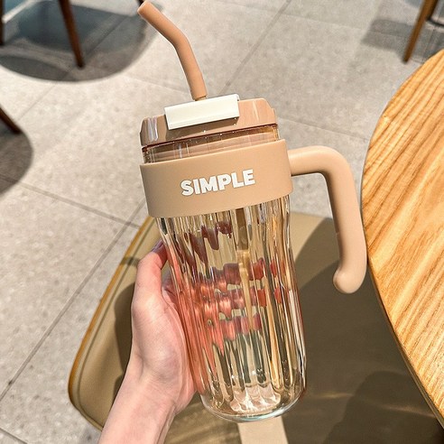 LONGGU 빨대 물병 대용량 920mL 여름용 물통 PC재질 손잡이 있는 물컵 스포츠 물병, 브라운, 4개