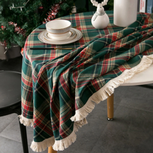 크리스마스 원형 패브릭 식탁보 체크 홈파티 테이블 커버, 라운드 120cm