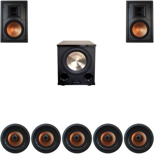 5개의 CDT-5800C II 2개의 R-5800W 1개의 PL-200II를 갖춘 Klipsch 7.1 인월 시스템, 5개의 CDT-5800C II 2개의 R-5800W 1