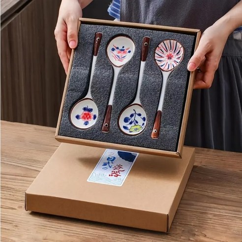 세련된 우동 도자기 서빙스푼 4종 세트 세라믹 전통무늬 숟가락 디저트 스푼 대왕수저, 1개