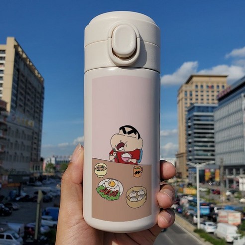 일본 인터넷 연예인 귀여운 크레용 작은 새로운 튀는 뚜껑 보온병 학생 작은 휴대용 컵 스테인리스 차 컵, Q57a크레용신화튀는컵, 300 Ml