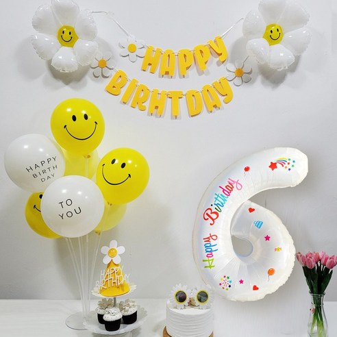 올리브파티 데이지 레터링숫자풍선 생일가랜드 스마일 모자 안경 파티용품 세트, 1세트, 숫자풍선6