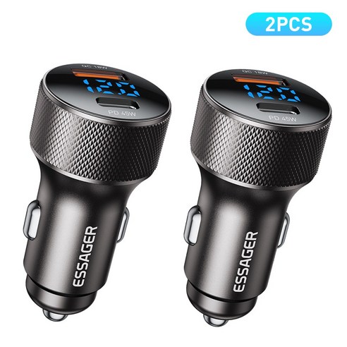 Essager 45W 2포트 PD3.0 QC3.0 차량용 초고속 충전기, 그레이, 2세트