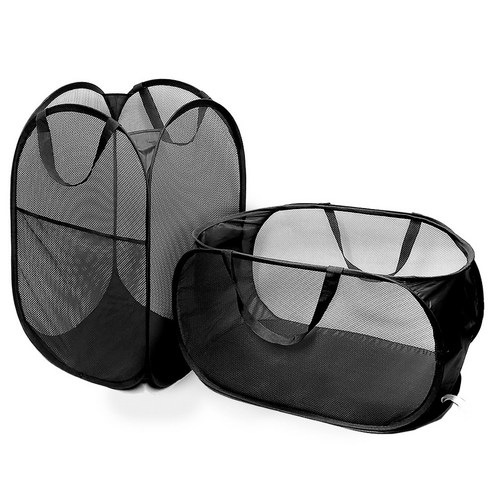 허플 접이식 메쉬 빨래바구니 60L, 블랙 SET