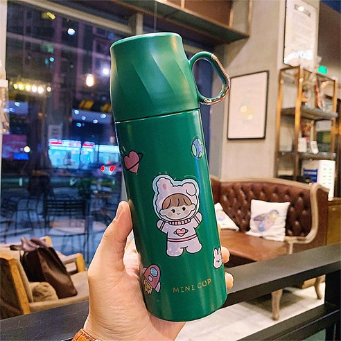 대용량 보온병 한국판 남녀 물컵 휴대용 야외 바람 하트 심플 주전자, 초록, 작은 350ml 무료 컵 브러시 + 스티커