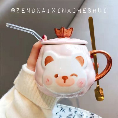 [다나에]홈 아침 식사 세라믹 머그잔 뚜껑 머그잔, 핑크 숟가락 빨대, 400ML