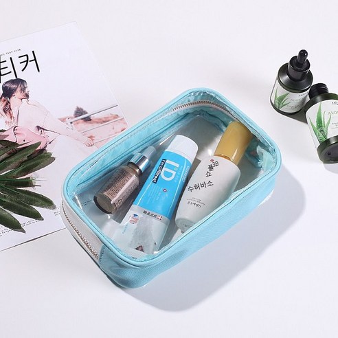 가죽 PVC 투명 파우치 싱그러운 컬러 가시 화장품 수납 가방 수납 가방, 연한 남색