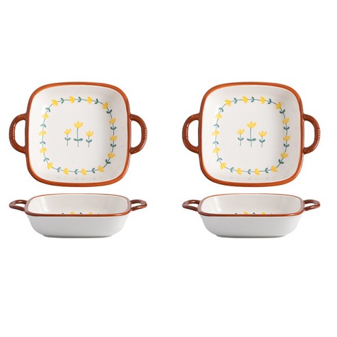 니치유 도자기 선물세트 꽃 접시 그릇 접시 식기 도자기 홈세트, 손잡이 사각 접시22.9cm*2P, 2개