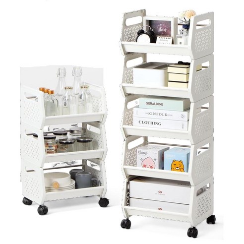 오엔리빙 이동식 트롤리 수납 선반 틈새 수납장 오픈형 5단, 화이트