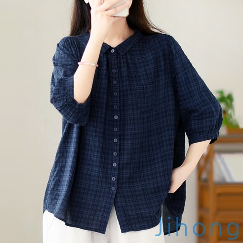 지홍 봄/여름 체크무늬 블라우스 자연스러운 오버핏 루즈핏 오버핏블라우스 지홍 봄/여름 체크무늬 블라우스 자연스러운 오버핏 루즈핏 오버핏블라우스