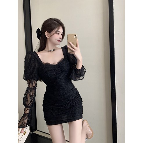 네크라인 원피스 선녀레이스 숏스커트 버블 긴팔 허리를 여미고 슬림해 보이는 랩스커트 가을옷