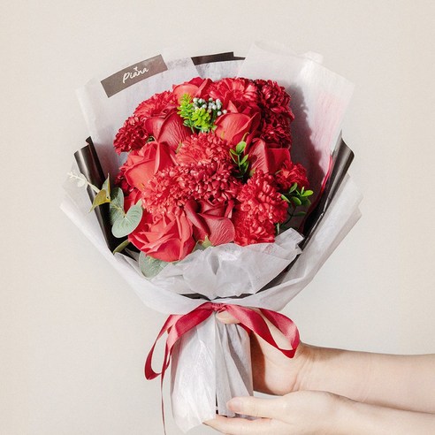 피어나 장미 비누 꽃다발 대 + 종이 쇼핑백 + 레터 카드, 레드 PA002, 1세트