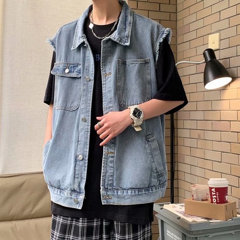 패션 캐주얼 데님 조끼 남성용 트렌디 느슨한 홍콩 스타일의 모든 경기 민소매 재킷