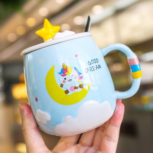 유니콘 휴대폰 거치대 물컵 인스타그램 우유컵 상큼커플 머그컵, 청색, 450ML